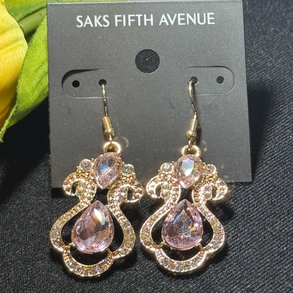 Saks Fifth Avenue Pink Crystal Gold Statement Earrings 2.25in - Picture 3 of 6